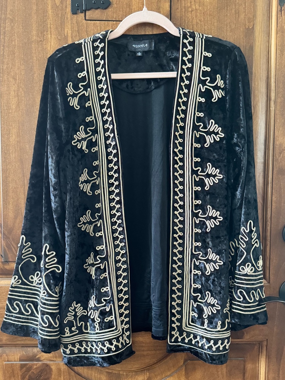Black and tan velvet bohemian bell sleeve jacket with cord embroidery details